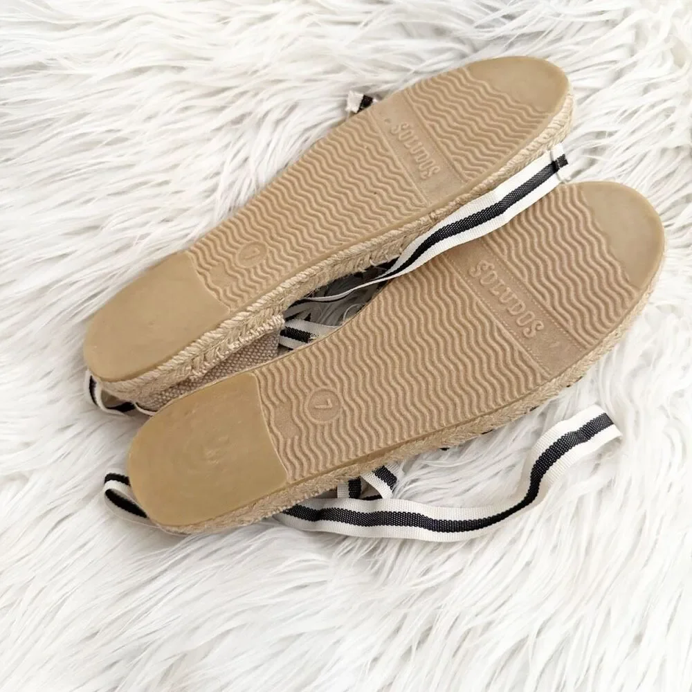 SOLUDOS | Striped Lace Up Canvas Espadrilles Flats Navy Natural Cream | Size 7